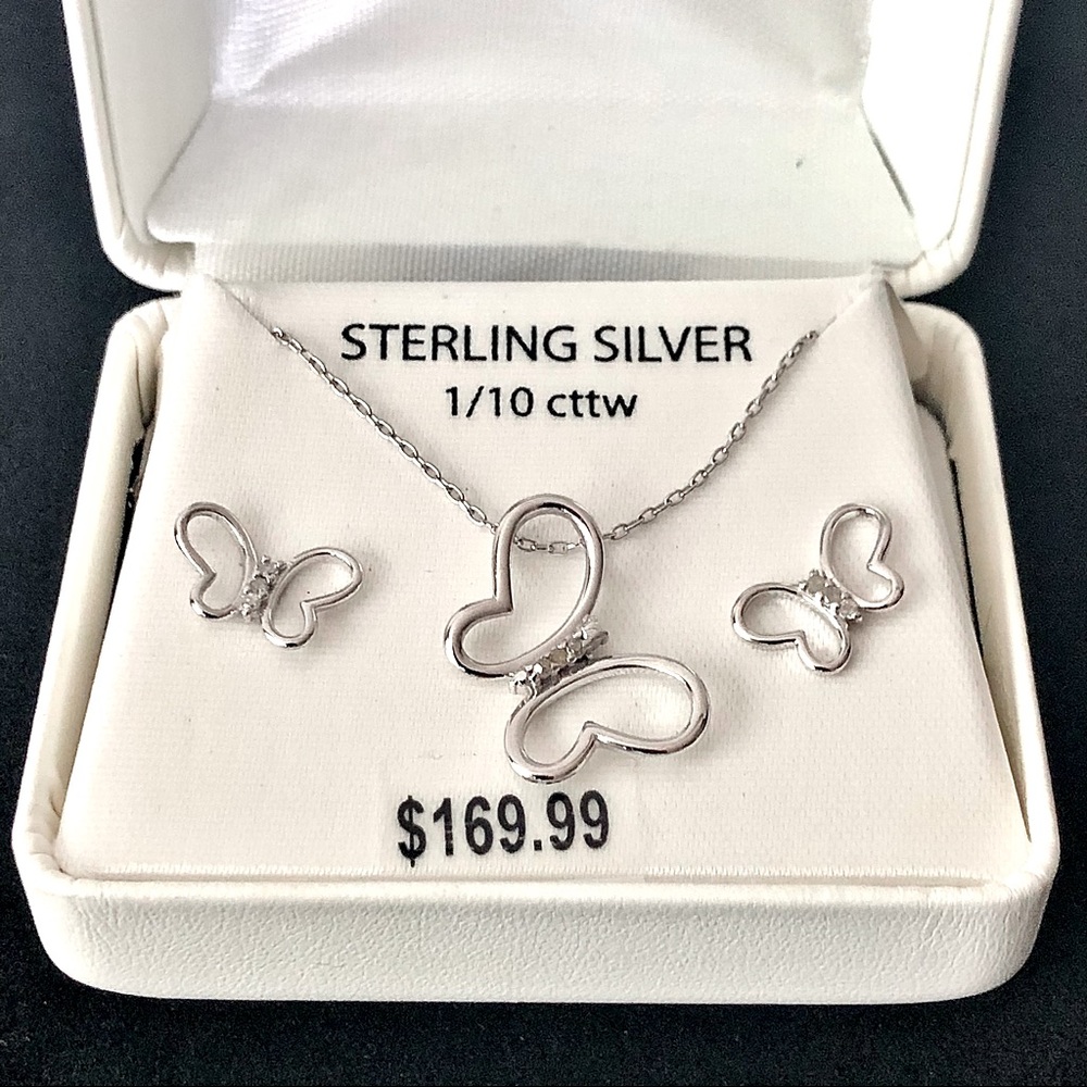 NIB Sterling Silver and Diamond Butterfly Necklace and Earrings Set